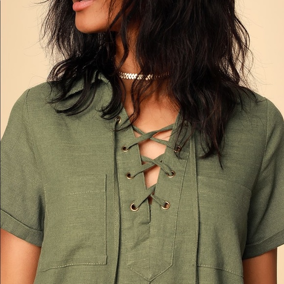 Lulu’s Lace Up Olive Shift Dress - Picture 4 of 5